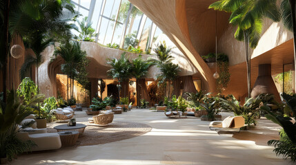 a biophilic design interior featuring natural materials, plants, and ample daylight, creating a harm