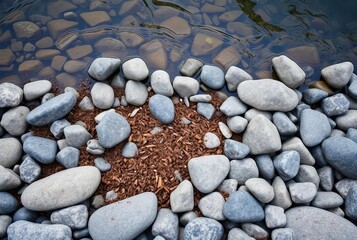 A scattering of brown earth on the smooth grey stones of a river