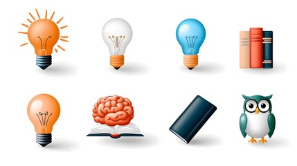Leinwandbilder - Minimalist set of icons and symbols representing knowledge learning and academic concepts including a brain light bulb book and owl