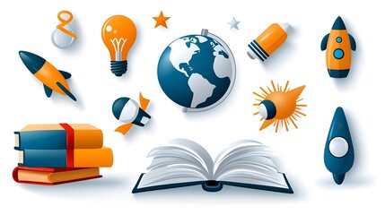 Aufkleber - Minimalist icon set featuring thin line graphics representing ideas education and intellectual concepts such as books globes light bulbs and imagination
