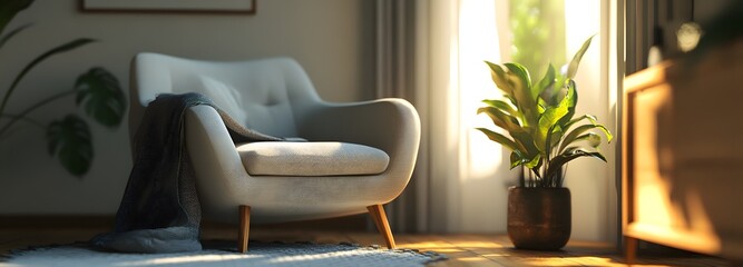 70. A cozy living room corner with a soft chair, ready for a product display