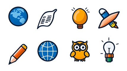 Aufkleber - Minimalist and thin line featuring various symbols representing knowledge creativity and intellectual concepts like idea globe brain and owl for use in educational academic