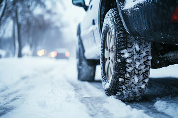 Car on a winter road with snow, close-up of car wheels in motion