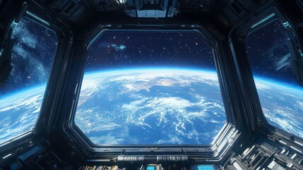 Wall Mural - a view of earth from a spaceship window, showing the planet's blue oceans, white clouds, and brown l