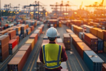 Worker in safety gear operating heavy machinery at a logistics port