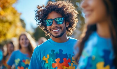 Advocacy Groups: Photograph of individuals participating in an autism awareness walk or event organized by advocacy groups, emphasizing community support and, Generative AI