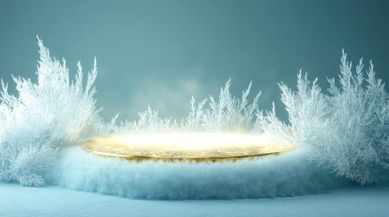 Poster - A radiant golden pedestal stands at the center, illuminated softly, while delicate frost-covered plants encircle it, creating a tranquil and mystical atmosphere reminiscent of winter's beauty.