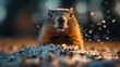 © anantachai - A close-up of a curious groundhog with snow on its fur, emerging from the ground during a winter scene, with soft focus in the background.