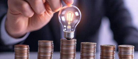 Businessman placing lightbulb on coin stack, symbolizing energy efficiency and financial savings strategy in modern finance.