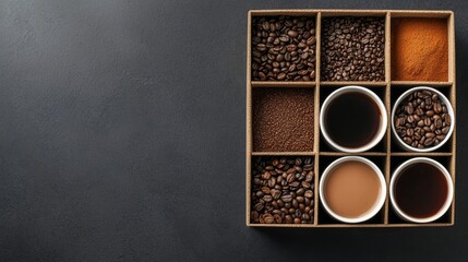 Coffee Varieties and Accessories on Dark Background