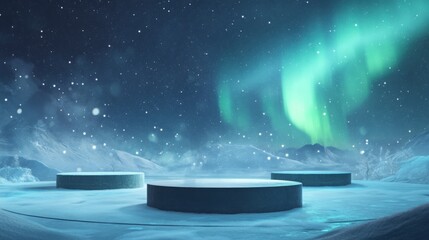 Poster - Bright green auroras illuminate the night sky above a snowy terrain, featuring three circular platforms partially covered in snow.