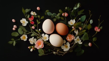 Poster - Elegant arrangement of eggs and flowers on a dark background in a natural spring setting