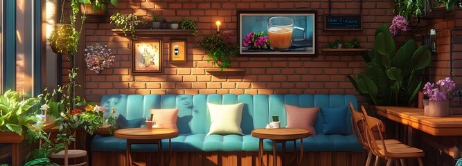 62. A cozy corner of a cafe with soft seating, waiting for a product to showcase