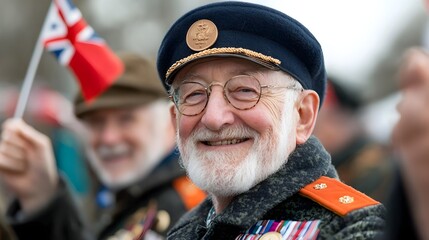 A grand parade of proud veterans adorned with medals and waving American flags as they march through the streets of a bustling city celebrating their service and sacrifice for their country