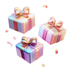 Wall Mural - three pink gift box with ribbon fluid holographic iridescent 3d render icon isolated on transparent 
