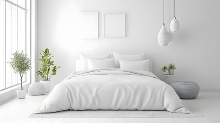 90. A white bedroom with a modern design and minimal decorative elements