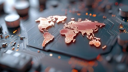 Fototapete - Futuristic global digital communication network with interconnected microchips and circuits forming a world map  Holographic data visualization in a minimalist clean neon style with vibrant colors