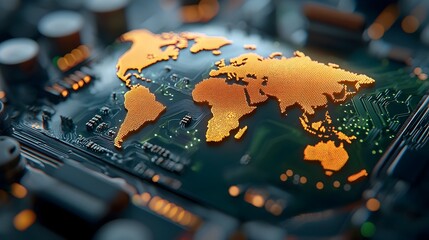 Leinwandbilder - Futuristic global communication network made up of interconnected digital circuits and microchips forming a world map with holographic data visualization in a minimalist