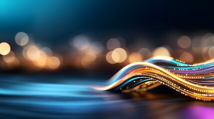Fototapete - Futuristic Smart City Skyline Featuring Abstract Dot Connections Gradient Lines and Intricate Wave Design Highlighting Advanced Data Visualization Technology Dynamic Chiaroscuro Lighting