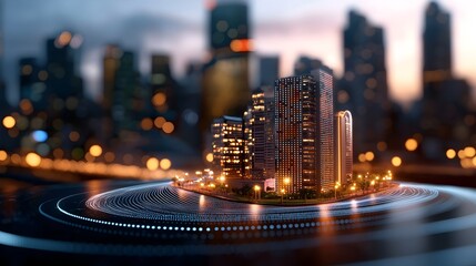 Poster - Minimalist architectural landscape of a smart city featuring abstract dot connections gradient lines and intricate wave patterns symbolizing the flow of big data