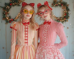 Two fashionable young women in colorful vintage dresses, cheerful holiday backdrop.