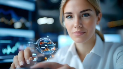 Poster - Immersive holographic visualization showcasing the dynamic and futuristic trading floor of a cutting edge financial firm featuring sleek digital displays complex data visualizations