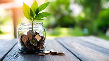 Poster - Savings jar filled with shiny coins a lush green plant emerging from the center symbolizing financial security sustainable growth and a prosperous future