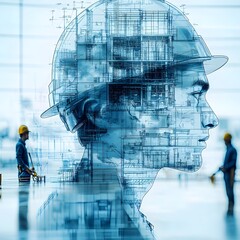 Aufkleber - Innovative building construction engineering project concept with double exposure architectural blueprint details technical diagrams and construction workers in action