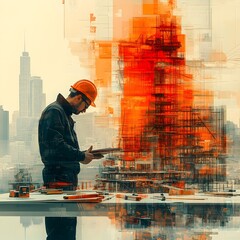 Innovative building construction design concept featuring multiple exposure graphic construction workers and civil engineers planning technical schematics and architectural models bold abstract style