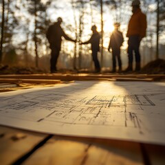 Leinwandbilder - Multidisciplinary team of engineers and architects working together on a new construction project gesturing towards blueprints and discussing plans amidst a sun dappled