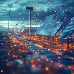Leinwandbilder - Integrated smart grid system with solar panels and wind turbines intelligent energy management and distribution striking visual symbolism of clean renewable power abstract and geometric composition