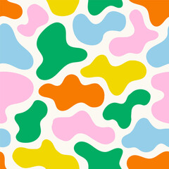 Wall Mural - Cartoon kid seamless pattern with multicolor clouds. Liquid amoeba shaped forms. Colorful freeform blotches, organic shapes. Groovy childish abstract design for cover, poster, banner, label, wrapping.