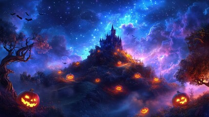 Wall Mural - a fairy tale halloween landscape with a dark and spooky castle perched on a hill, surrounded by glow