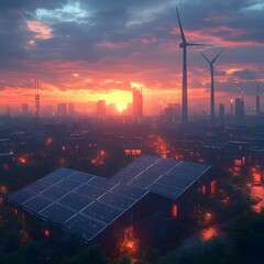 Aufkleber - Sleek and modern solar panels and wind turbines integrated seamlessly into a vibrant urban cityscape efficiently generating renewable power for a sustainable future