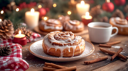 cinnamon rolls with glaze, arranged on an old wooden table surrounded by scattered Christmas decorations and candles