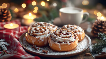 cinnamon rolls with glaze, arranged on an old wooden table surrounded by scattered Christmas decorations and candles