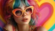 © PREMCHAI - Model with vibrant, multicolored hair and bold heartshaped background, playful and popart inspired
