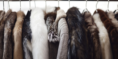 close-up of hangers with hanging various assortment of fur winter coats. background for a store of u
