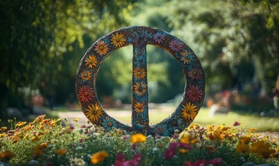 Peace symbol in garden park nature outdoor filled with flowers, Generative AI