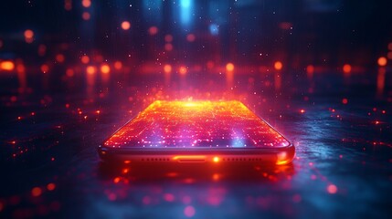 Wall Mural - A smartphone on a dark surface, glowing with red and orange light, surrounded by bokeh.