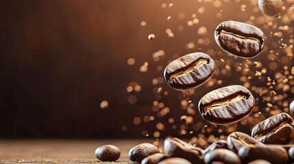 Dropping coffee beans on a rich dark brown background creating a bold contrast for an International Coffee Day web banner or promotional material