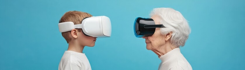 A child and elderly person connecting through a futuristic device, symbolizing generational tech interaction, people  interaction  device, intergenerational tech