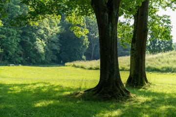 Tranquil park scene with two large trees casting shadows on a sunny day