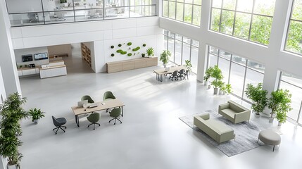 Overhead perspective of a modern high ceilinged corporate workspace featuring a sleek industrial style layout a comfortable breakout zone with plush furnishings and greenery accents