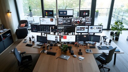 Overhead view of a contemporary minimalist workspace featuring multiple computer workstations set up on a large modern table  The high angle perspective showcases the organized