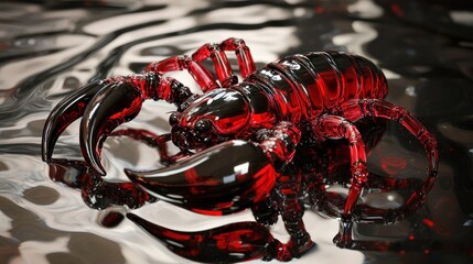 Wall Mural - A striking red and black scorpion sculpture reflecting on a glossy surface.