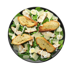 Wall Mural - Delicious Caesar salad with chicken isolated on white, top view