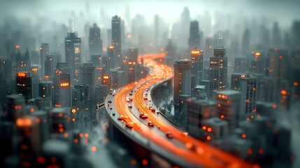 Poster - Futuristic smart city with towering skyscrapers neon lit boulevards and bustling autonomous vehicles  The cityscape is illuminated by glowing fiber optic communications