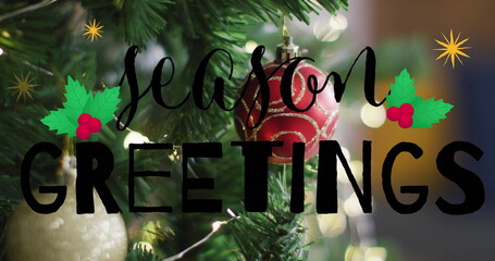 Poster - Image of season greetings text over christmas decorations background