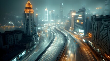 Aufkleber - Futuristic cityscape at night with glowing neon skyscrapers bustling streets illuminated by 5G connectivity and advanced digital innovations creating a moody cinematic urban landscape